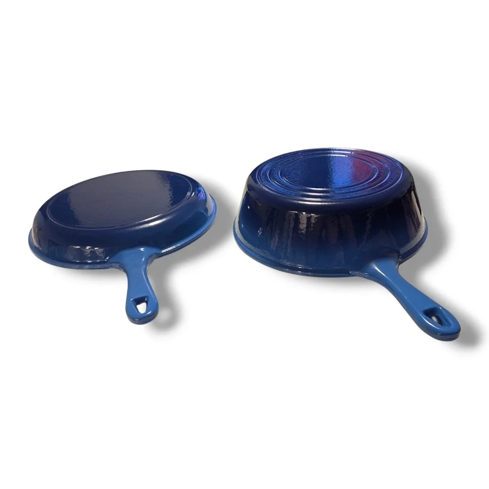 Blue Enameled Cast Iron Skillet Set 2 Piece Deep Pan and‎ Shallow Lid Skillet